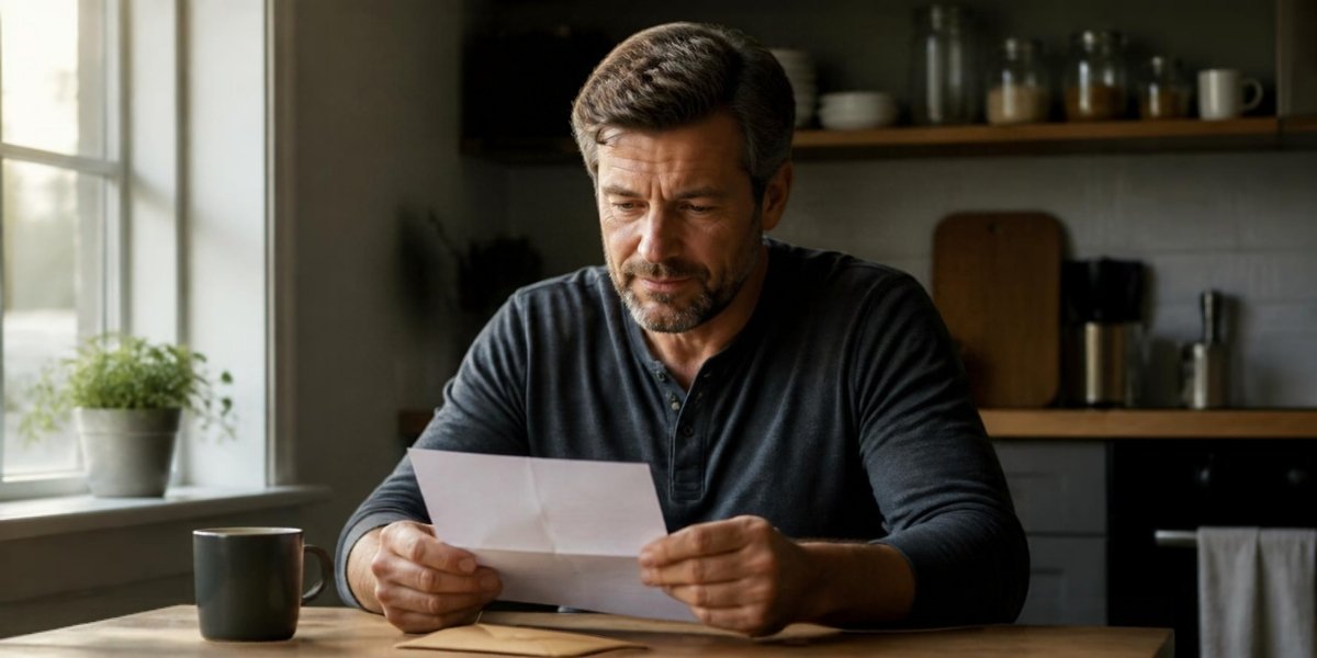 Man reading a letter at his kitchen table