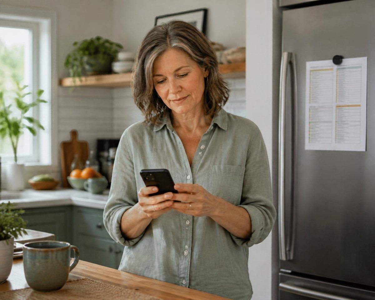 Woman texting in her kitchen with an emergency sheet on the fridge