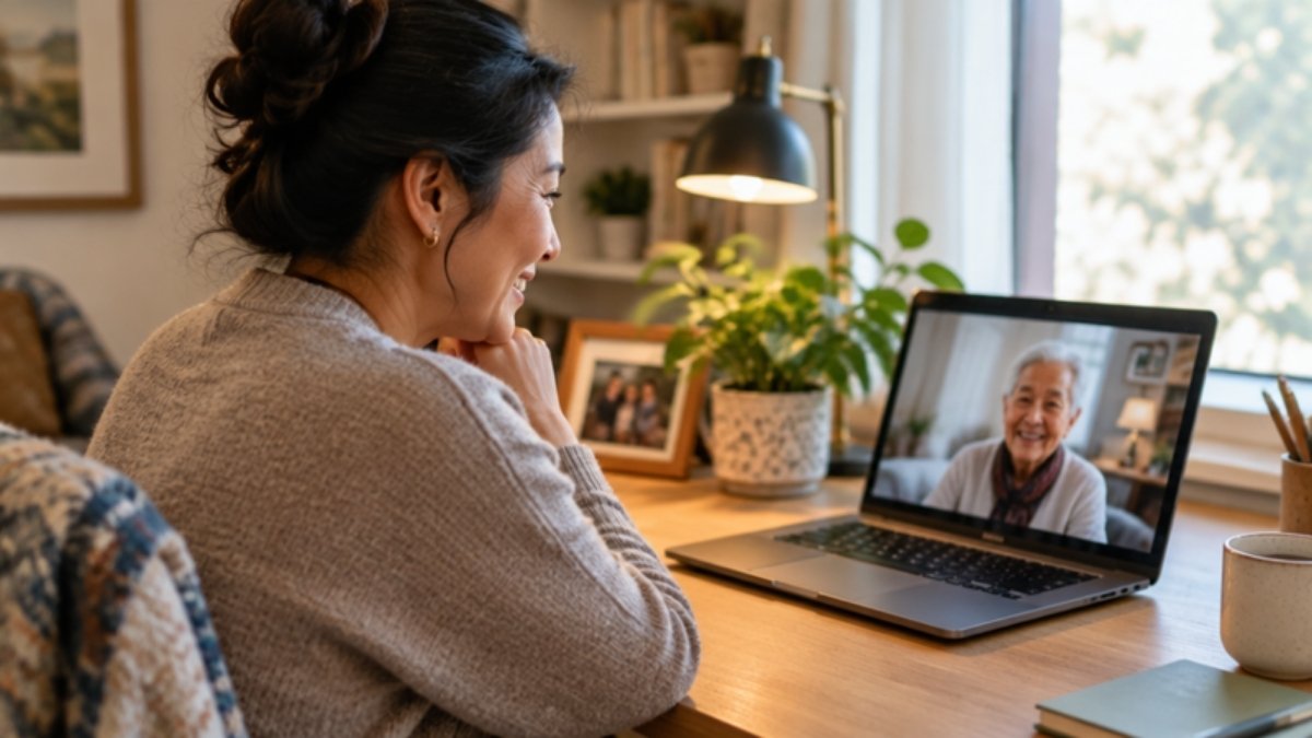 Adult on a video call with an elderly parent