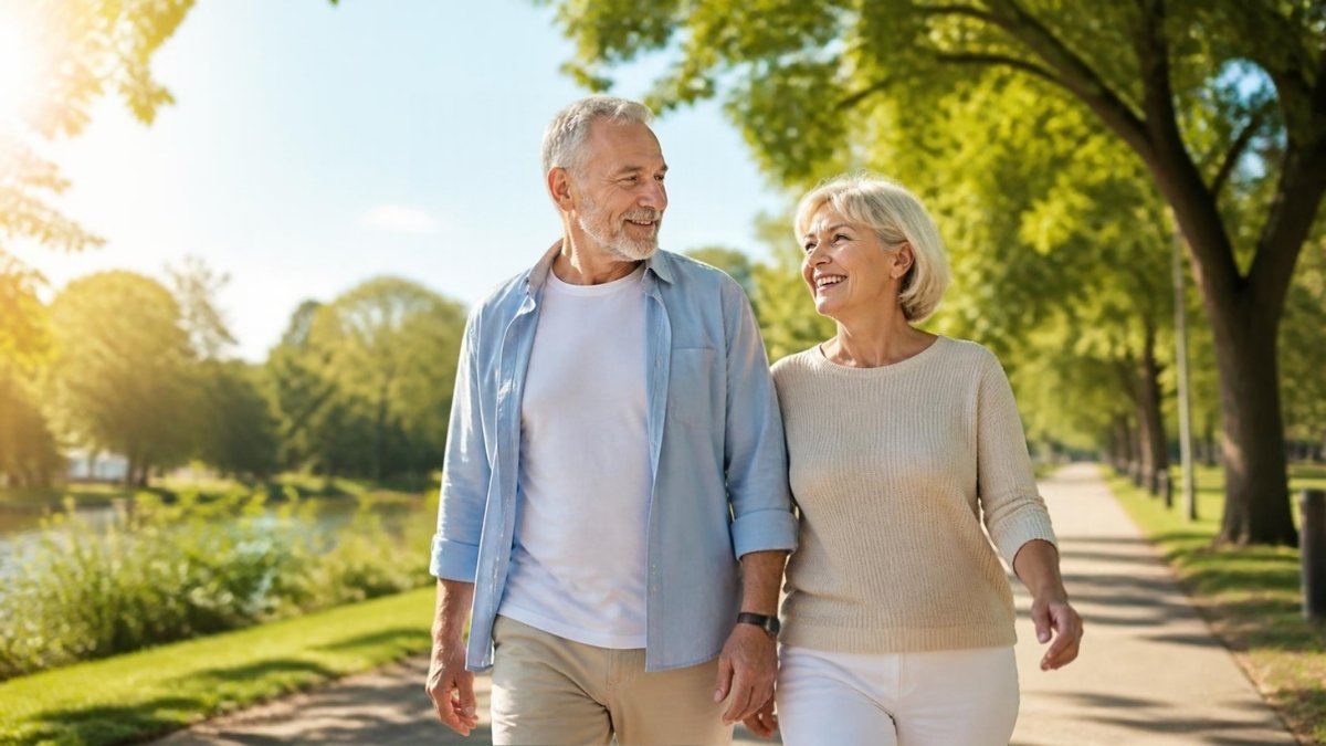 Older couple walking together in a sunny park