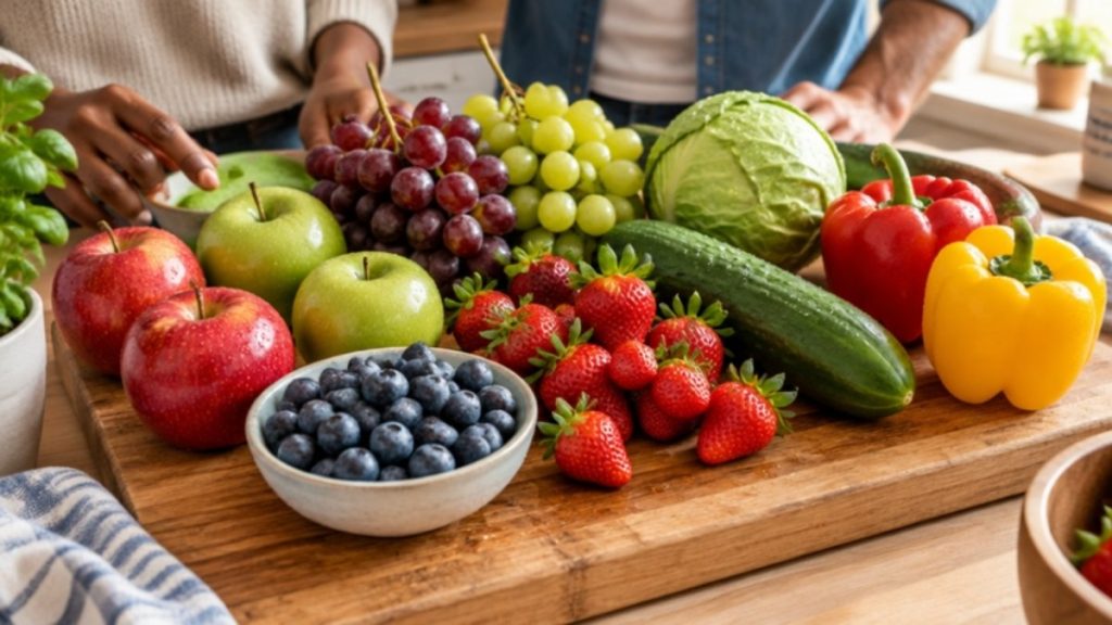 Apples, berries, grapes, cucumber, cabbage and bell peppers on a cutting board