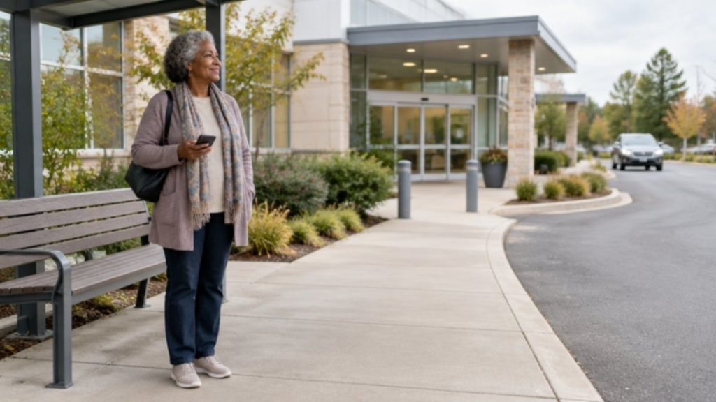 Woman waiting outside a clinic for her ride