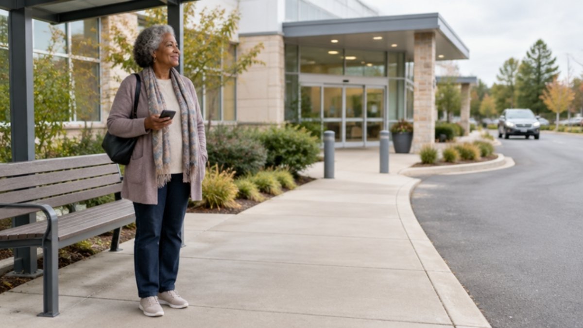 Woman waiting outside a clinic for her ride