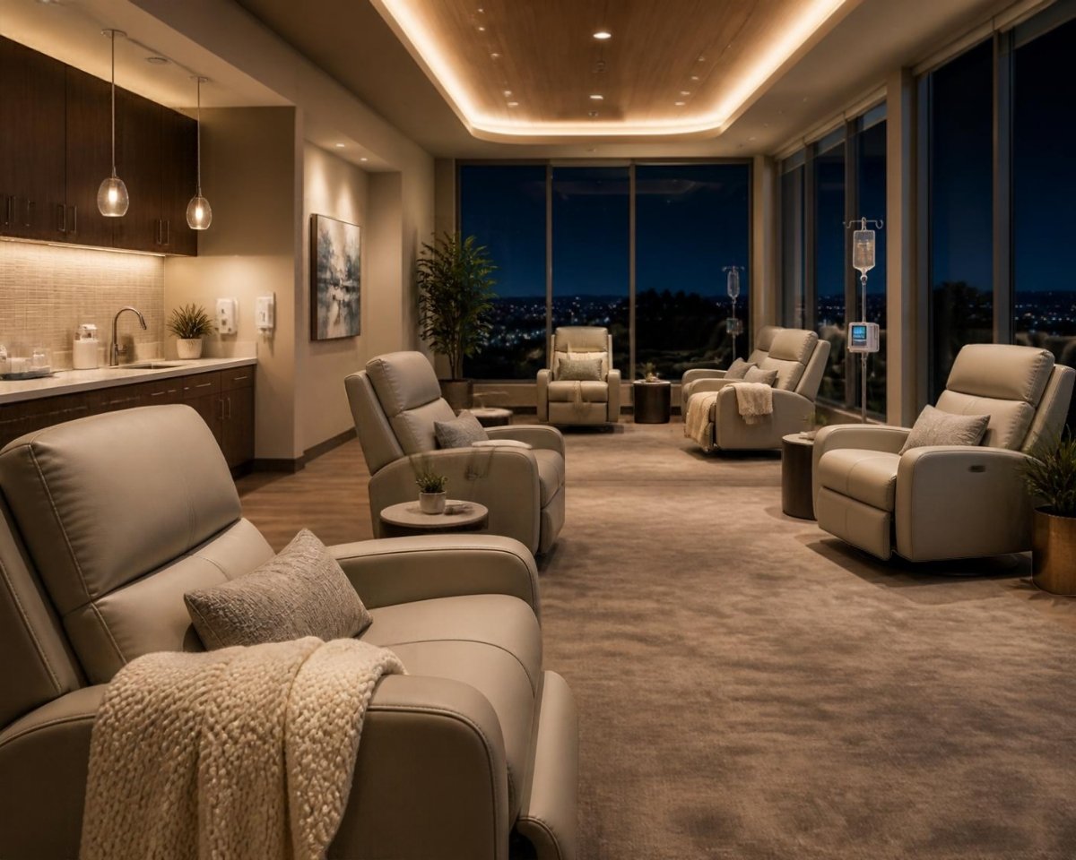 Quiet clinic lounge at night with recliner chairs