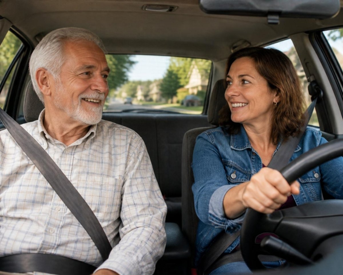 Neighbor driving an older man in her car