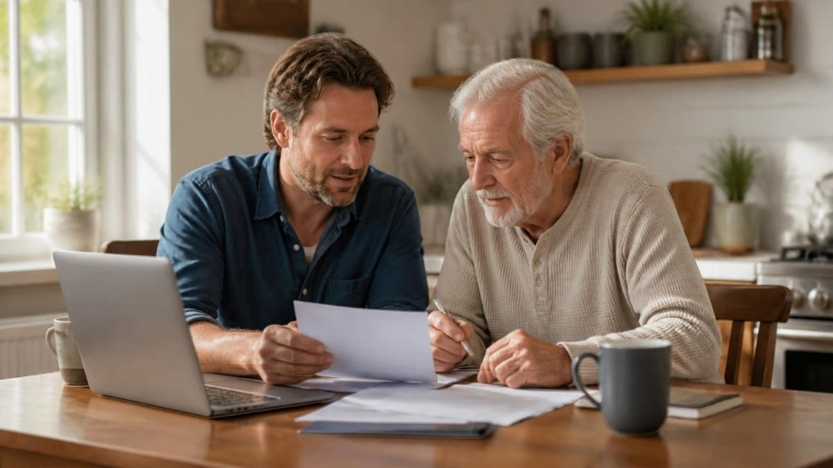 Adult son reviewing paperwork with his elderly father at the kitchen table