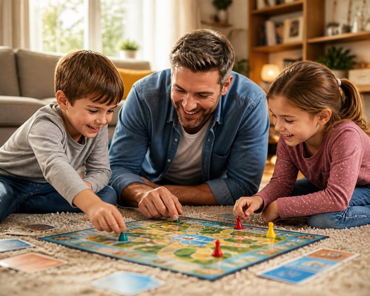 Parent playing a board game with young kids