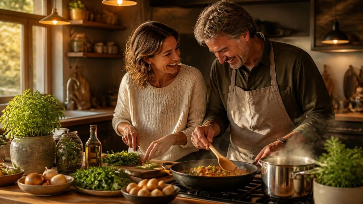 Couple cooking dinner together at home