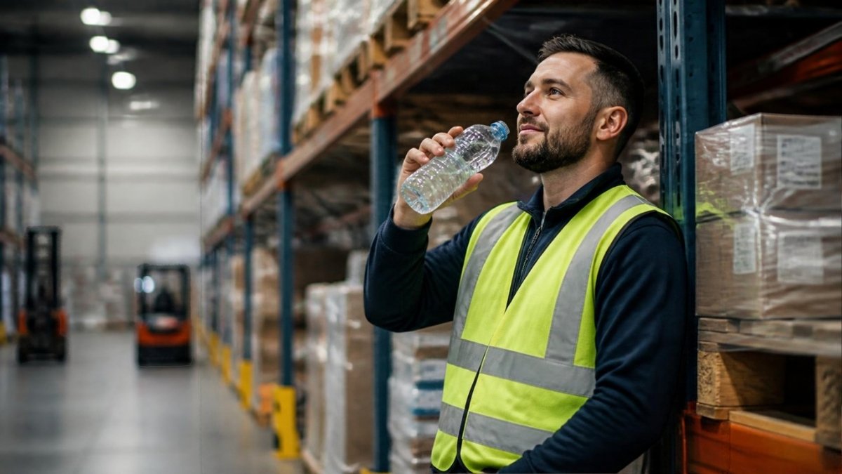 Warehouse worker taking a water break