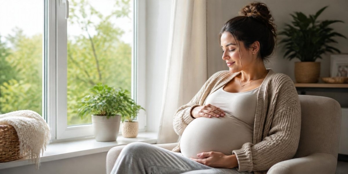 Pregnant woman resting by a window at home