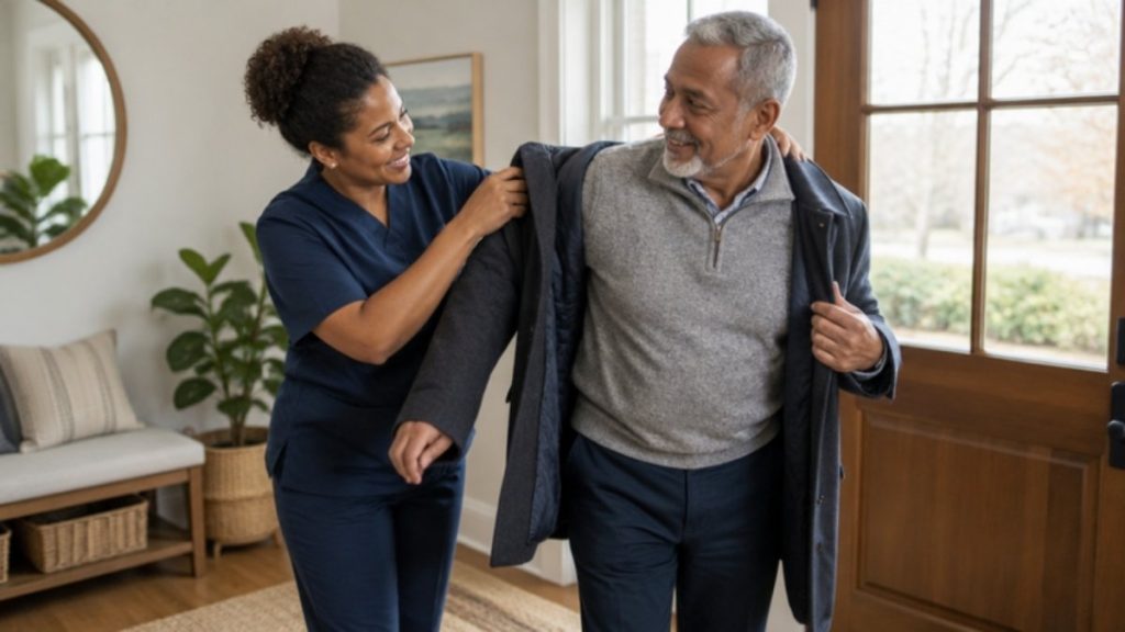 Home caregiver helping an older man with his coat