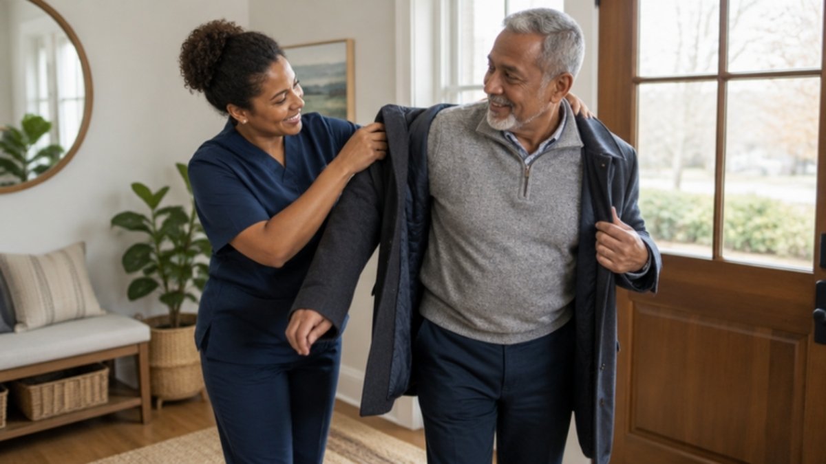 Home caregiver helping an older man with his coat