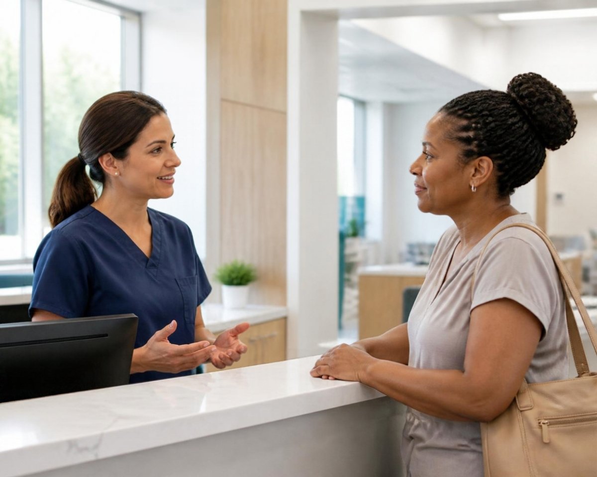 Patient speaking with a nurse at a clinic counter