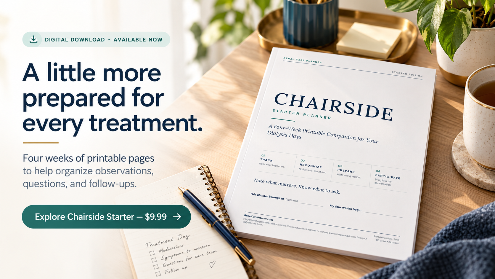 Chairside Starter digital planner with four weeks of printable dialysis planning pages