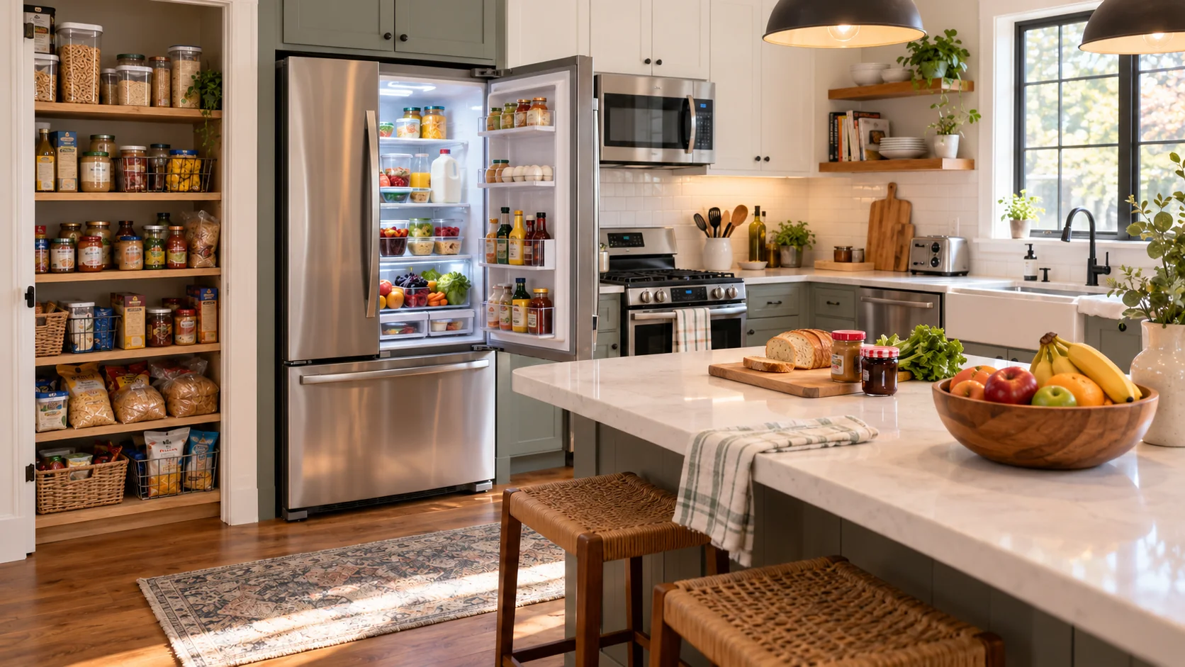 A lived-in kitchen with pantry shelves, an open refrigerator, a freezer drawer and a bowl of fruit.