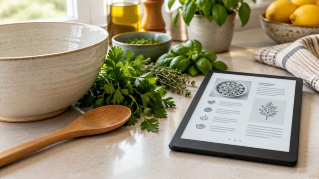 E-reader with a recipe beside a mixing bowl and fresh herbs