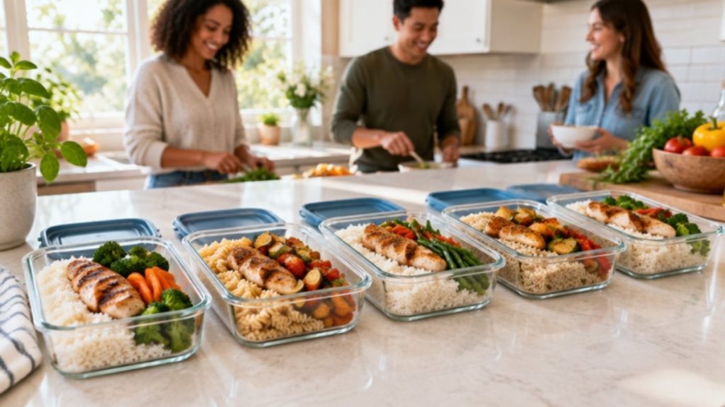 Meal prep containers with simple home-cooked meals