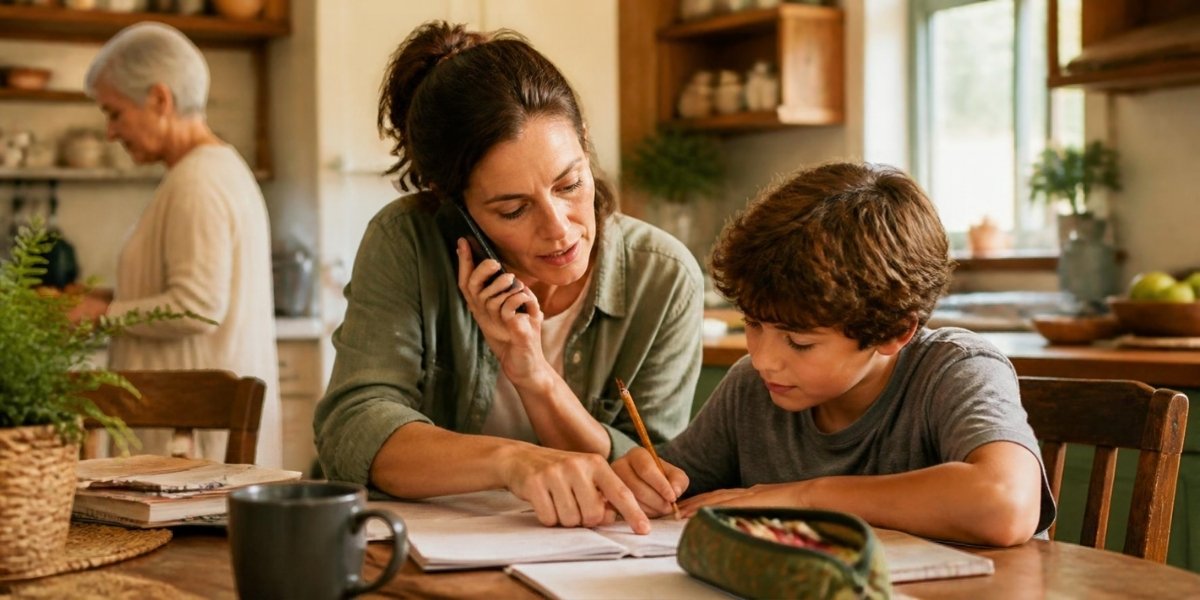 Mother helping her child with homework at home