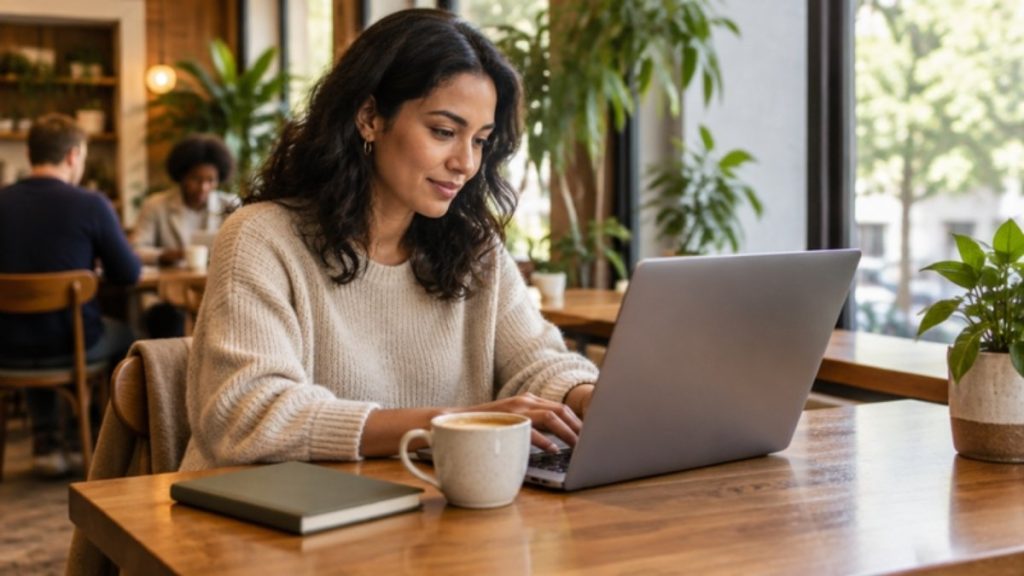 Adult working on a laptop in a cafe