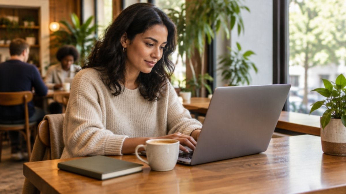 Adult working on a laptop in a cafe