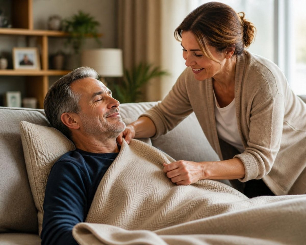 Wife caring for her husband on the couch at home