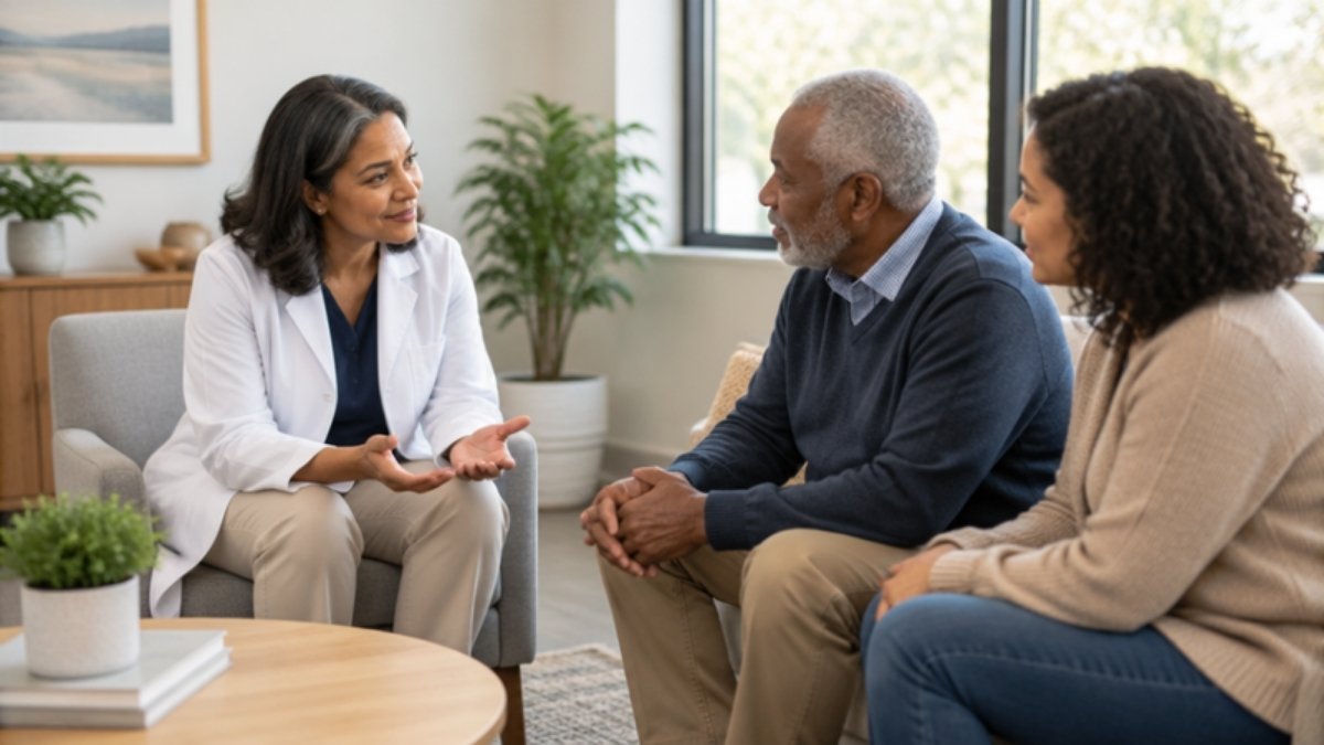 Doctor talking gently with an older patient and her adult daughter