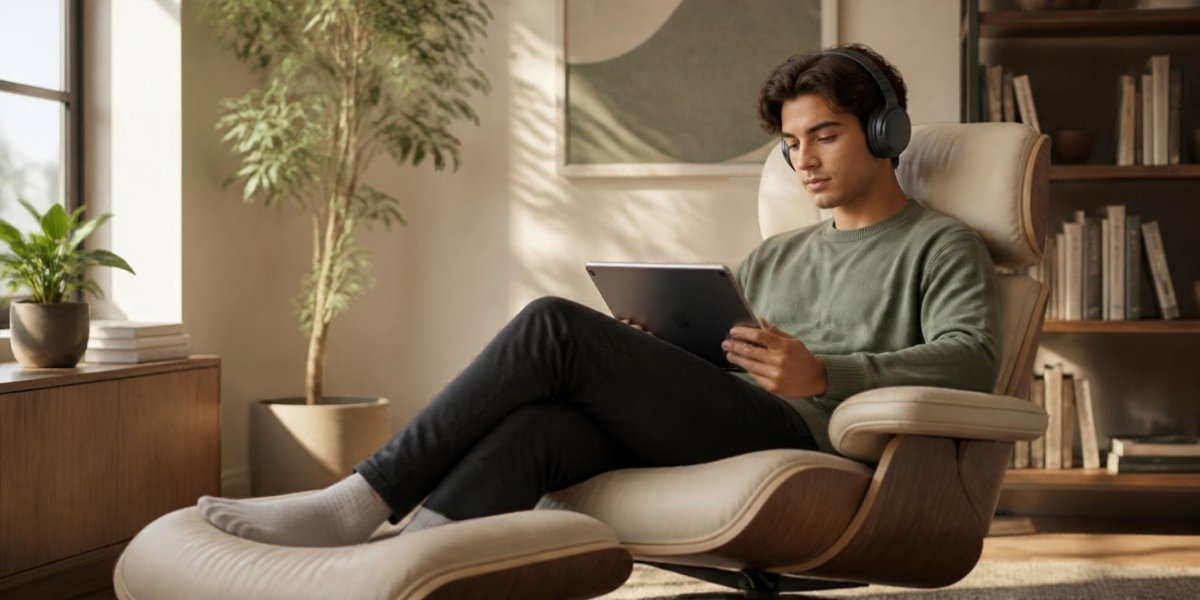 Young adult studying on a tablet with headphones