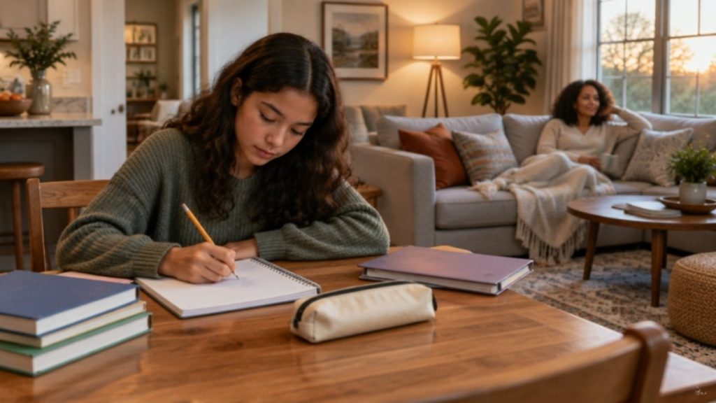 Teen doing homework at the kitchen table while a parent rests