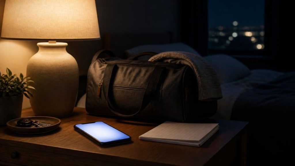 Phone on a nightstand beside a packed overnight bag