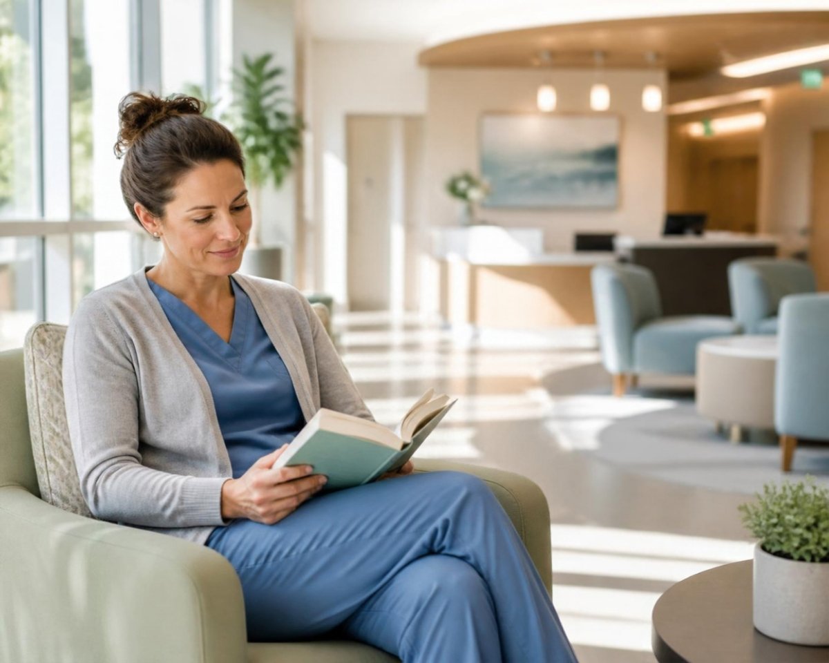 Caregiver reading in a clinic waiting room